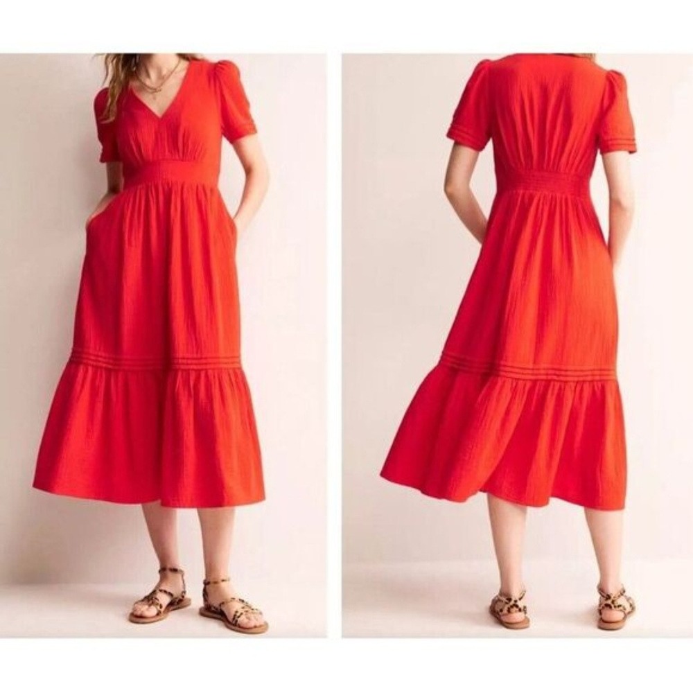 Boden Eve Double Cloth Red Cotton Gauze Tiered Midi Dress V-Neck Pockets US 8P